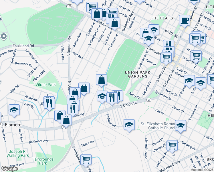 map of restaurants, bars, coffee shops, grocery stores, and more near 43 Elsmere Boulevard in Wilmington