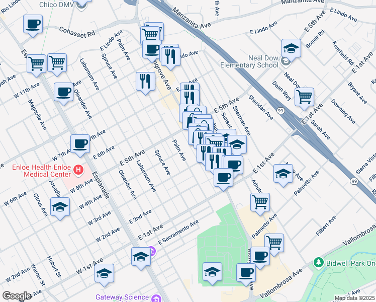 map of restaurants, bars, coffee shops, grocery stores, and more near 1360 Palm Avenue in Chico