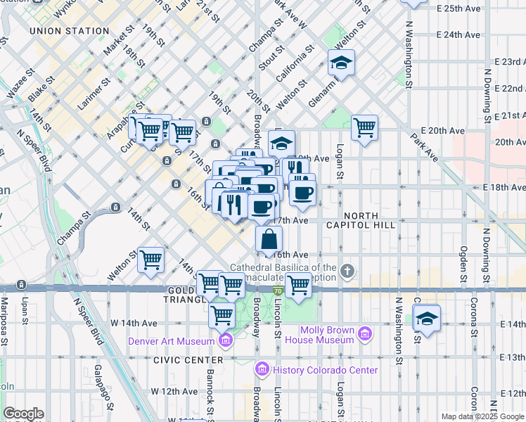 map of restaurants, bars, coffee shops, grocery stores, and more near 1700 Broadway Street in Denver