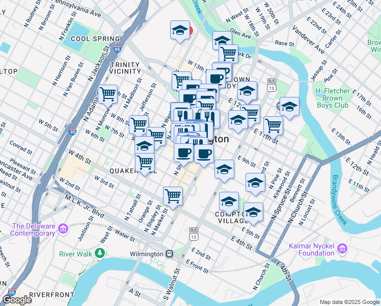 map of restaurants, bars, coffee shops, grocery stores, and more near in Wilmington