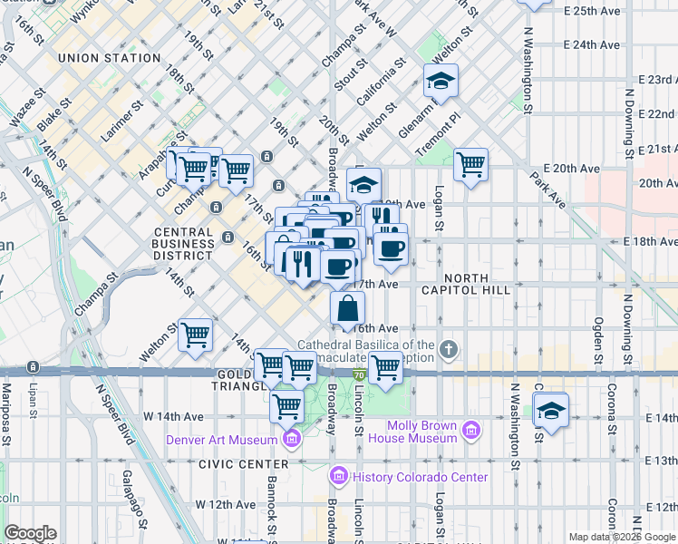 map of restaurants, bars, coffee shops, grocery stores, and more near 1700 Broadway in Denver