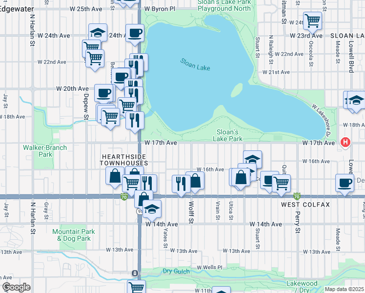 map of restaurants, bars, coffee shops, grocery stores, and more near 1690 Xavier Street in Denver