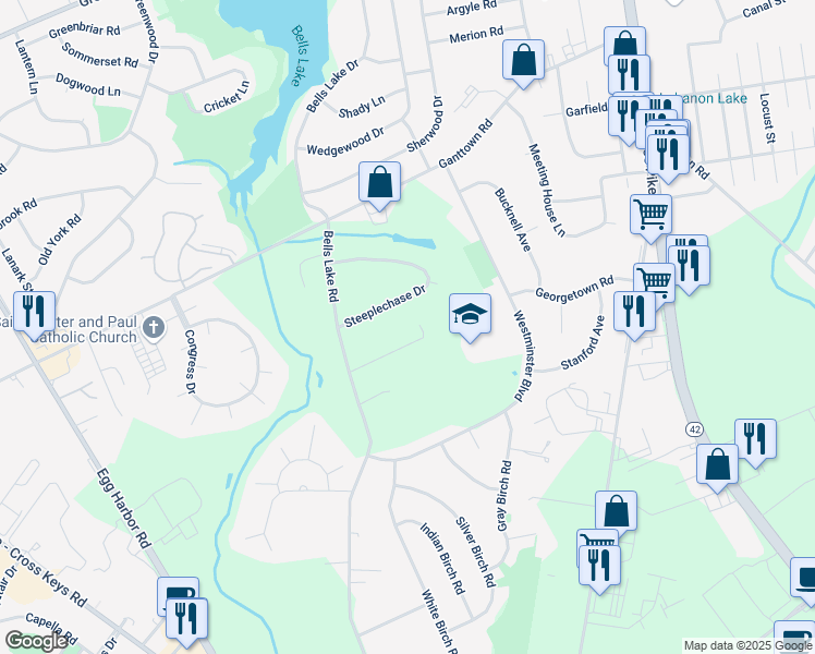 map of restaurants, bars, coffee shops, grocery stores, and more near 10 Steeplechase Drive in Washington Township