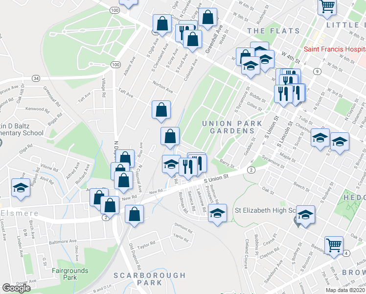 map of restaurants, bars, coffee shops, grocery stores, and more near 39 Elsmere Boulevard in Wilmington