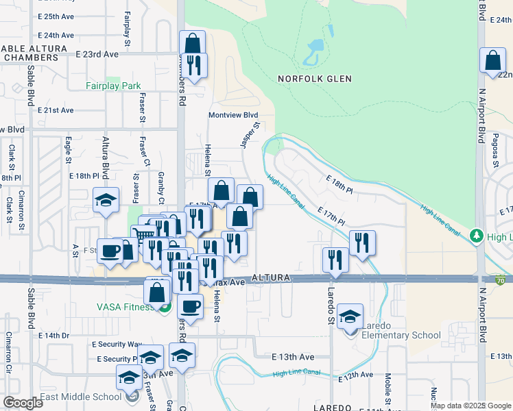 map of restaurants, bars, coffee shops, grocery stores, and more near 1700 Jasper Street in Aurora
