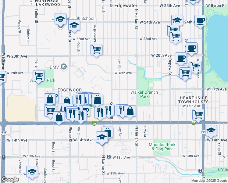 map of restaurants, bars, coffee shops, grocery stores, and more near 1690 Kendall Street in Lakewood