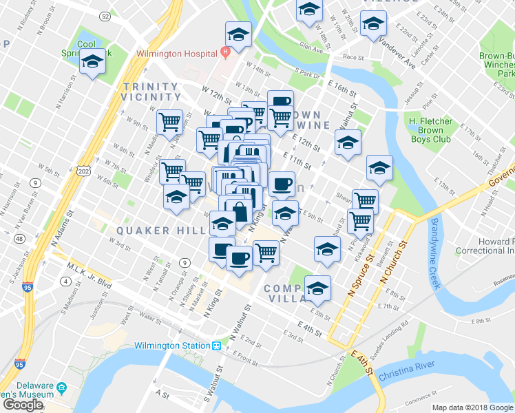map of restaurants, bars, coffee shops, grocery stores, and more near 818 North Market Street in Wilmington