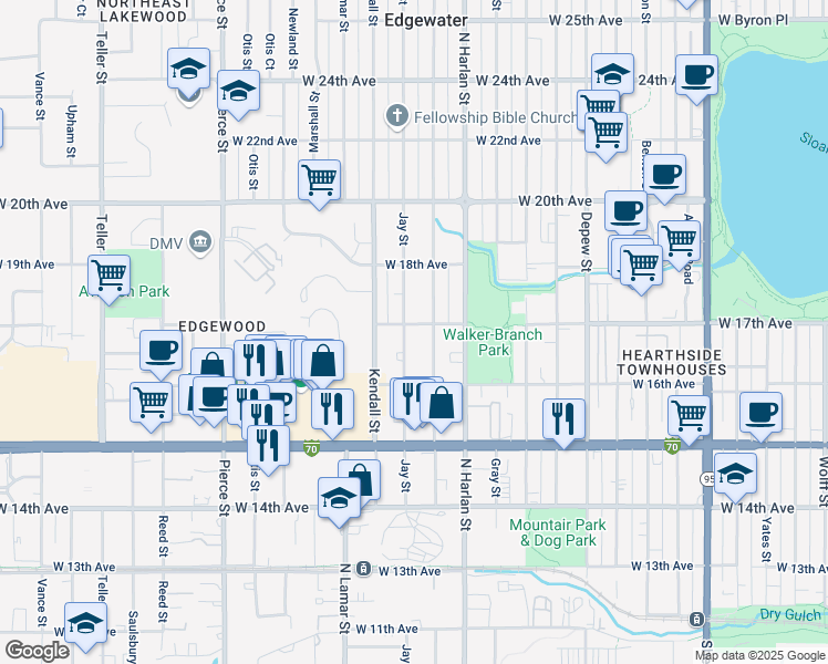 map of restaurants, bars, coffee shops, grocery stores, and more near 1700 Jay Street in Lakewood