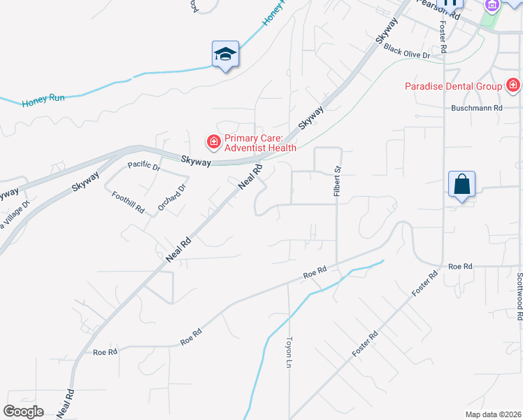map of restaurants, bars, coffee shops, grocery stores, and more near 385 Circlewood Drive in Paradise