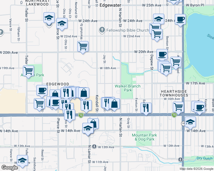 map of restaurants, bars, coffee shops, grocery stores, and more near 1700 Jay Street in Lakewood