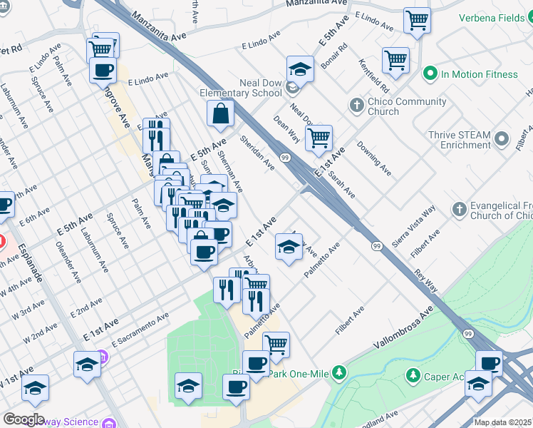 map of restaurants, bars, coffee shops, grocery stores, and more near 1108 Sherman Avenue in Chico