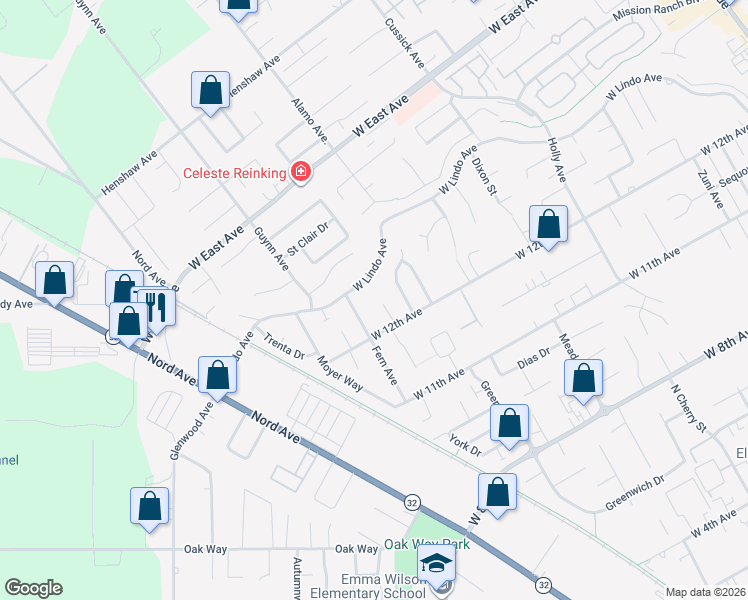 map of restaurants, bars, coffee shops, grocery stores, and more near 25 Misty Way in Chico