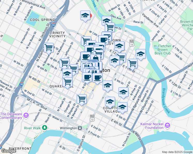 map of restaurants, bars, coffee shops, grocery stores, and more near 818 North Market Street in Wilmington