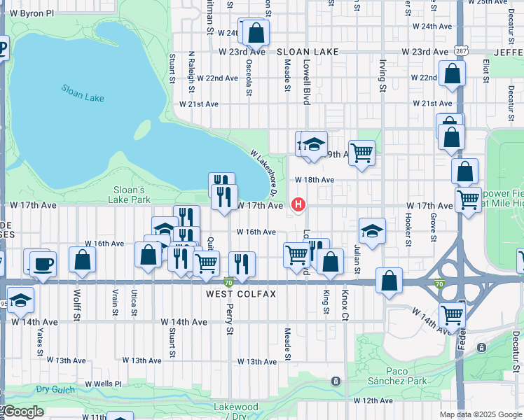 map of restaurants, bars, coffee shops, grocery stores, and more near 3800 West 17th Avenue in Denver