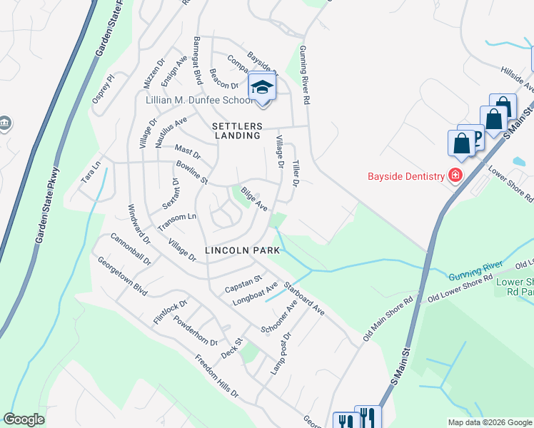 map of restaurants, bars, coffee shops, grocery stores, and more near 162 Village Drive in Barnegat Township