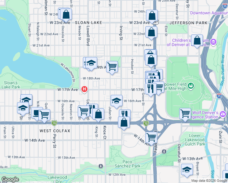 map of restaurants, bars, coffee shops, grocery stores, and more near 3348 West 17th Avenue in Denver