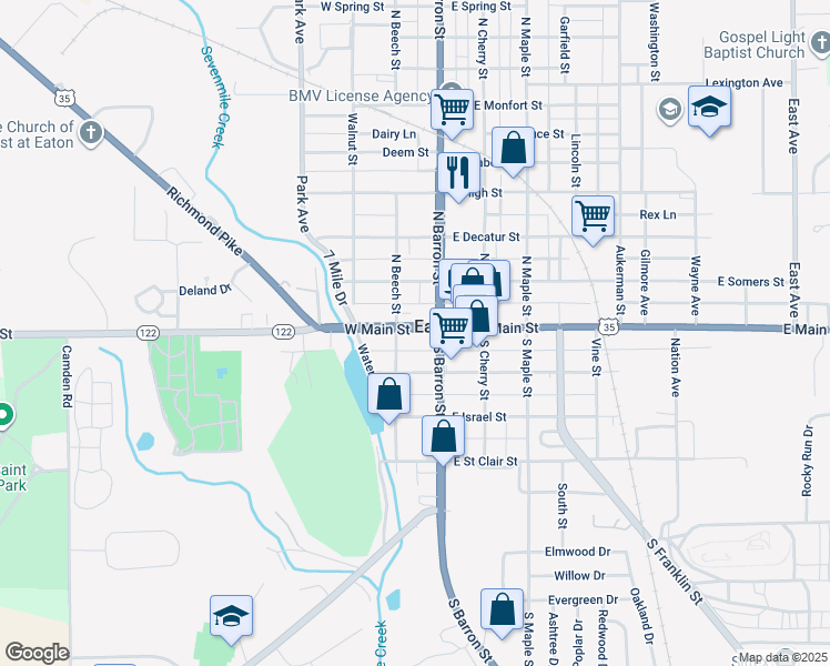 map of restaurants, bars, coffee shops, grocery stores, and more near 115 West Main Street in Eaton