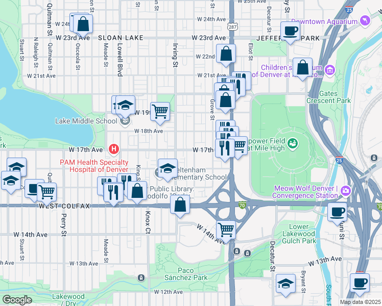 map of restaurants, bars, coffee shops, grocery stores, and more near 1699 Hooker Street in Denver