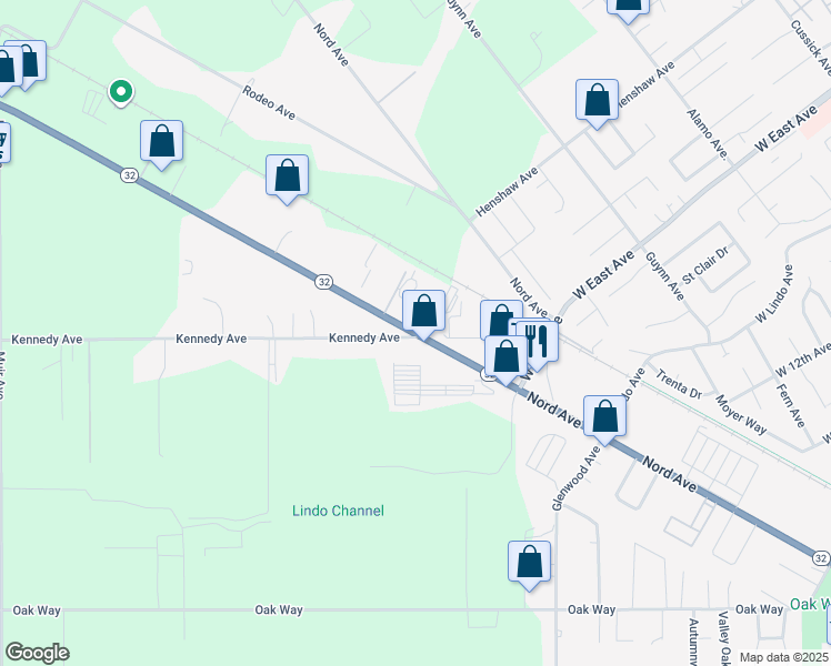 map of restaurants, bars, coffee shops, grocery stores, and more near 2610 Highway 32 in Chico
