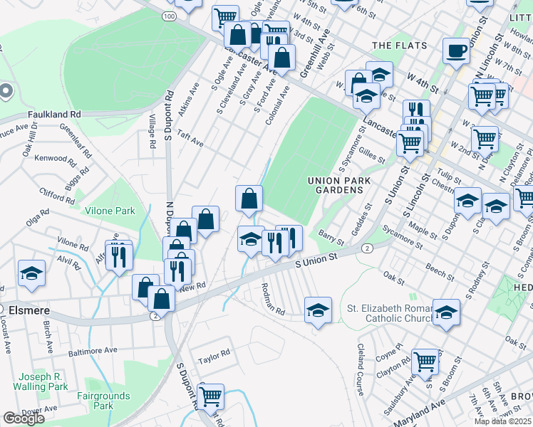 map of restaurants, bars, coffee shops, grocery stores, and more near 41 Elsmere Boulevard in Wilmington