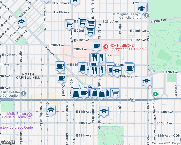 map of restaurants, bars, coffee shops, grocery stores, and more near 1721 Humboldt Street in Denver