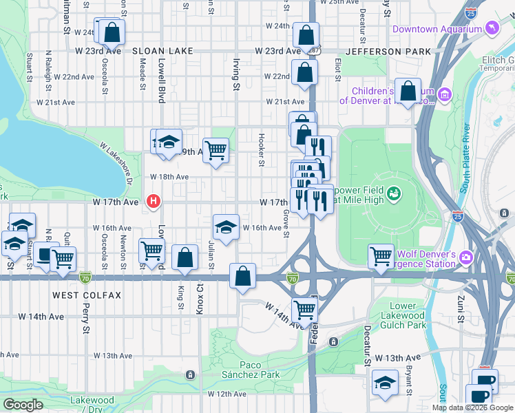 map of restaurants, bars, coffee shops, grocery stores, and more near 1699 Hooker Street in Denver
