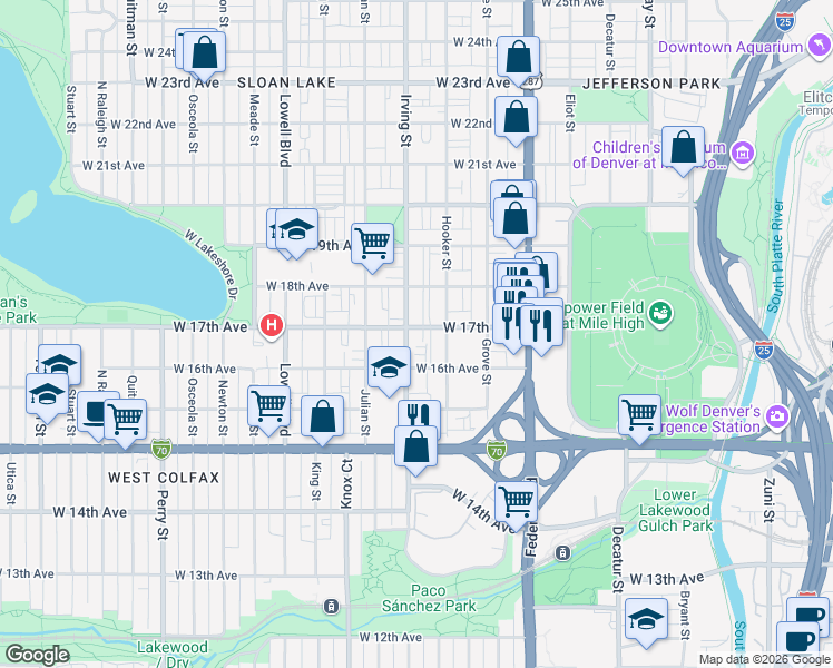 map of restaurants, bars, coffee shops, grocery stores, and more near 1707 Irving Street in Denver