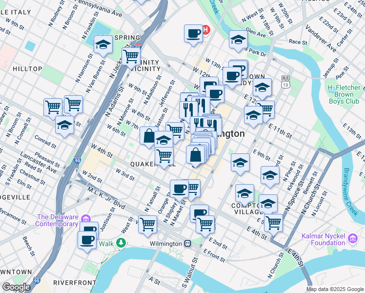 map of restaurants, bars, coffee shops, grocery stores, and more near 702 North Tatnall Street in Wilmington