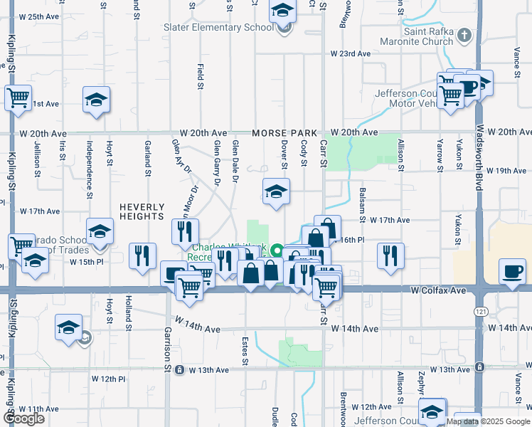 map of restaurants, bars, coffee shops, grocery stores, and more near 1755 Dover Street in Lakewood