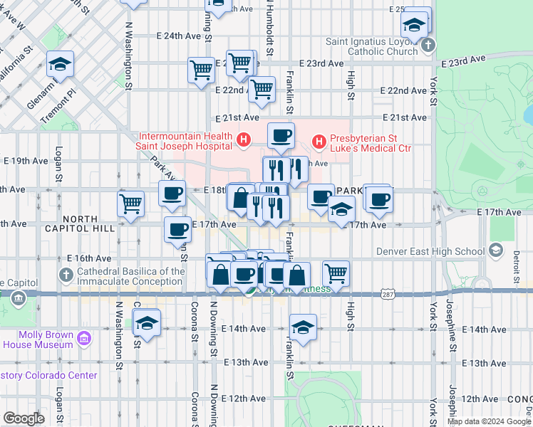 map of restaurants, bars, coffee shops, grocery stores, and more near 1721 Humboldt Street in Denver