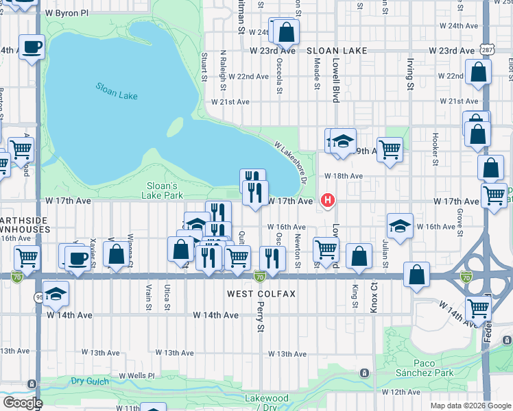 map of restaurants, bars, coffee shops, grocery stores, and more near 4052 West 17th Avenue in Denver