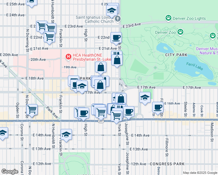 map of restaurants, bars, coffee shops, grocery stores, and more near 1733 North Gaylord Street in Denver