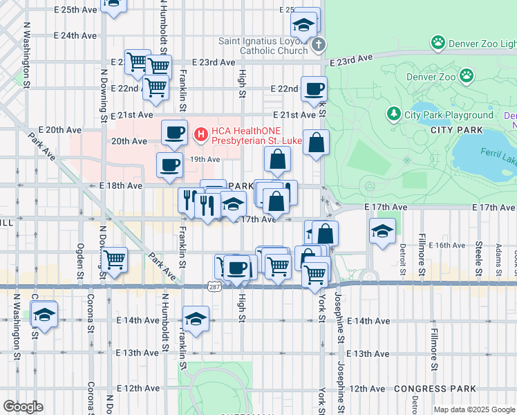 map of restaurants, bars, coffee shops, grocery stores, and more near 1745 Race Street in Denver