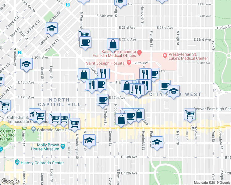 map of restaurants, bars, coffee shops, grocery stores, and more near Park Avenue in Denver
