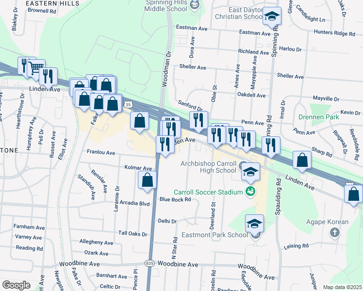 map of restaurants, bars, coffee shops, grocery stores, and more near 4290 Linden Avenue in Dayton
