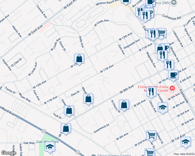 map of restaurants, bars, coffee shops, grocery stores, and more near 16 Dahlia Way in Chico