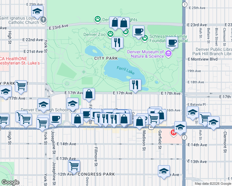 map of restaurants, bars, coffee shops, grocery stores, and more near E 17th Ave & Steele St in Denver