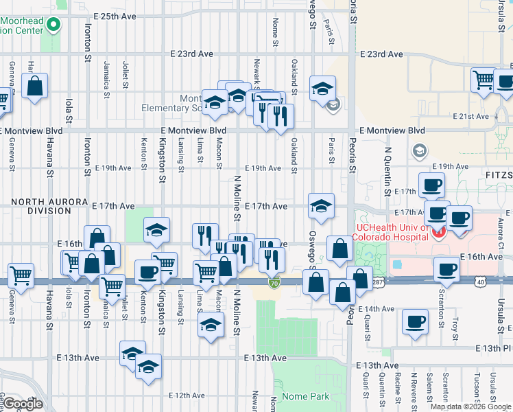 map of restaurants, bars, coffee shops, grocery stores, and more near 11555 East 17th Avenue in Aurora
