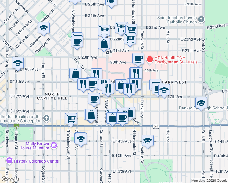 map of restaurants, bars, coffee shops, grocery stores, and more near 1728 North Downing Street in Denver