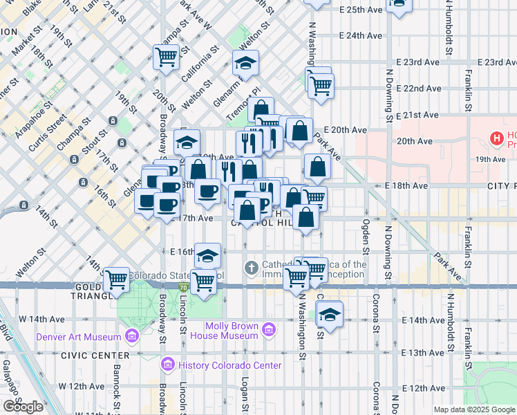 map of restaurants, bars, coffee shops, grocery stores, and more near 1729 Pennsylvania Street in Denver