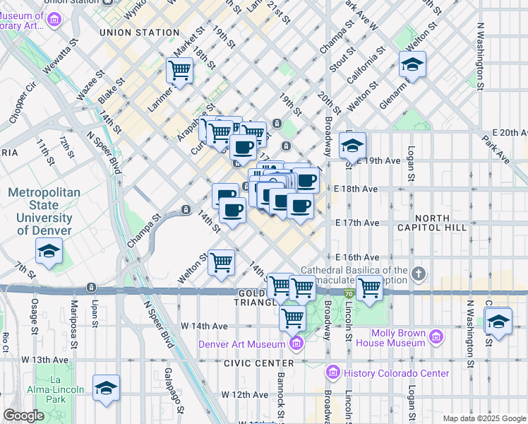 map of restaurants, bars, coffee shops, grocery stores, and more near in Denver