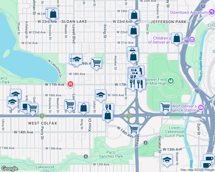 map of restaurants, bars, coffee shops, grocery stores, and more near 1707 Irving Street in Denver