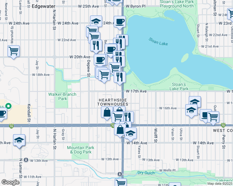 map of restaurants, bars, coffee shops, grocery stores, and more near 5280 West 17th Avenue in Lakewood