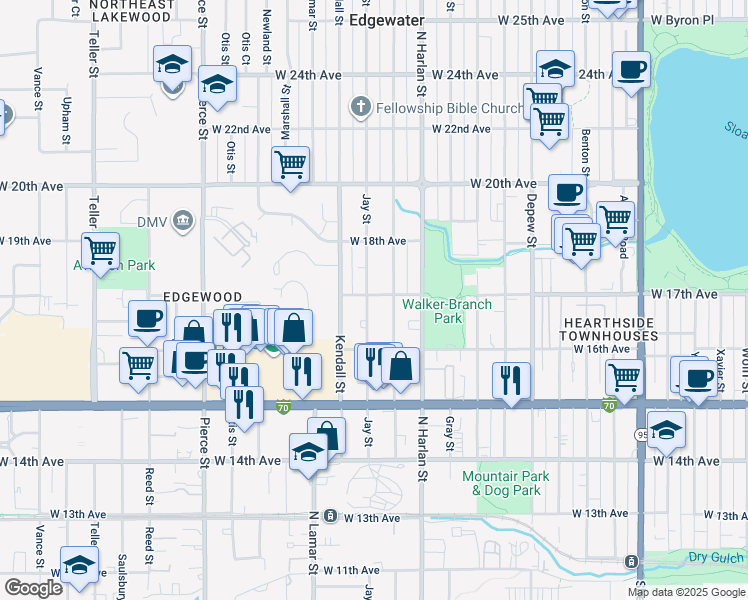 map of restaurants, bars, coffee shops, grocery stores, and more near 1700 Jay Street in Lakewood