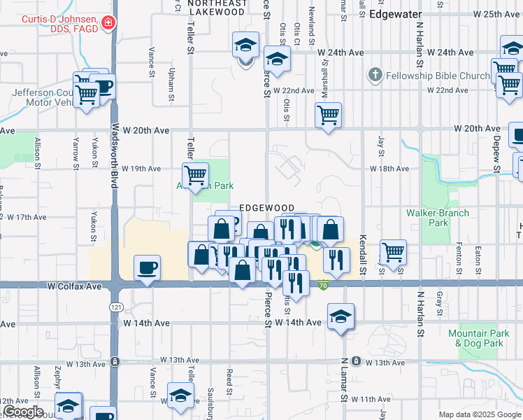 map of restaurants, bars, coffee shops, grocery stores, and more near in Lakewood