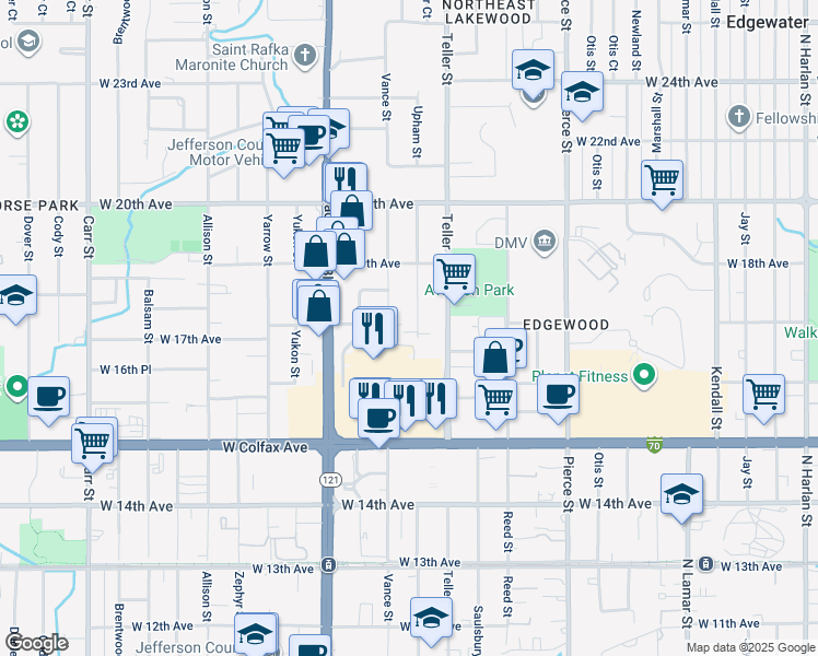 map of restaurants, bars, coffee shops, grocery stores, and more near 1725 Upham Street in Denver