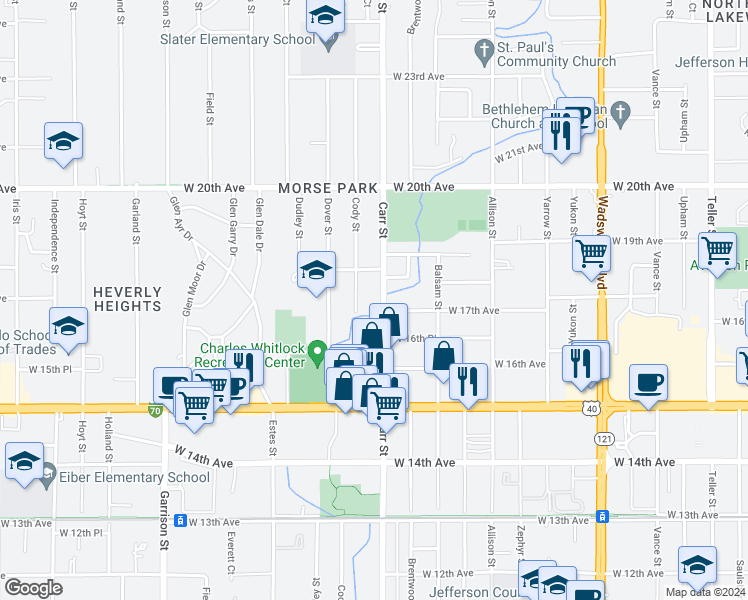 map of restaurants, bars, coffee shops, grocery stores, and more near 1700 Cody Street in Lakewood