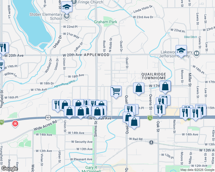map of restaurants, bars, coffee shops, grocery stores, and more near 1724 North Robb Street in Denver
