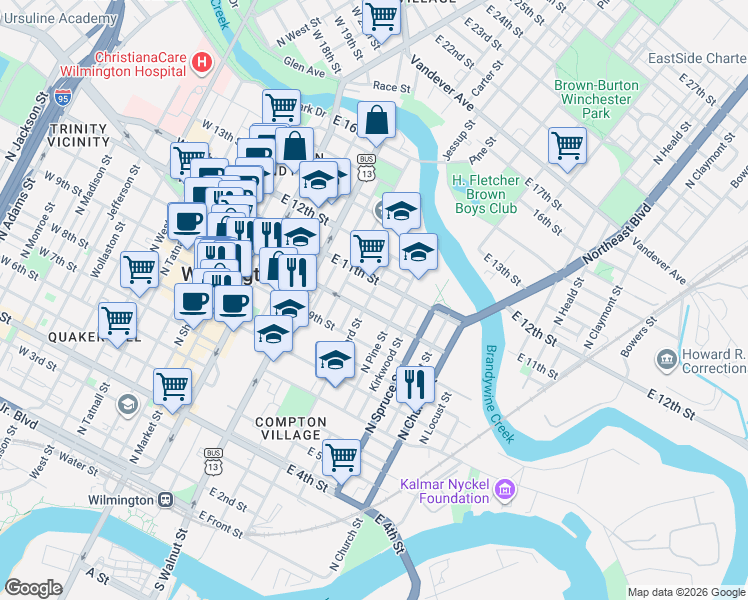 map of restaurants, bars, coffee shops, grocery stores, and more near 414 Shearman Street in Wilmington