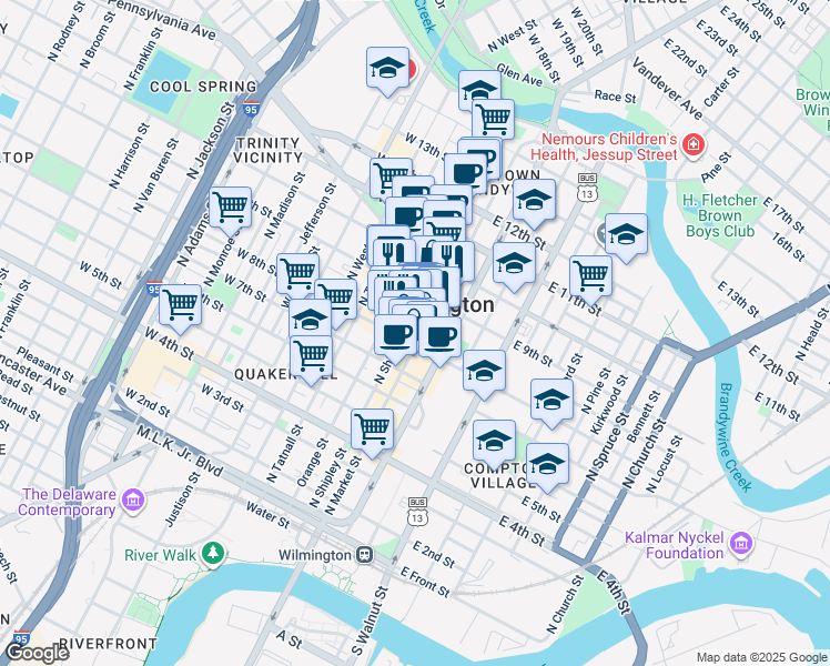 map of restaurants, bars, coffee shops, grocery stores, and more near in Wilmington